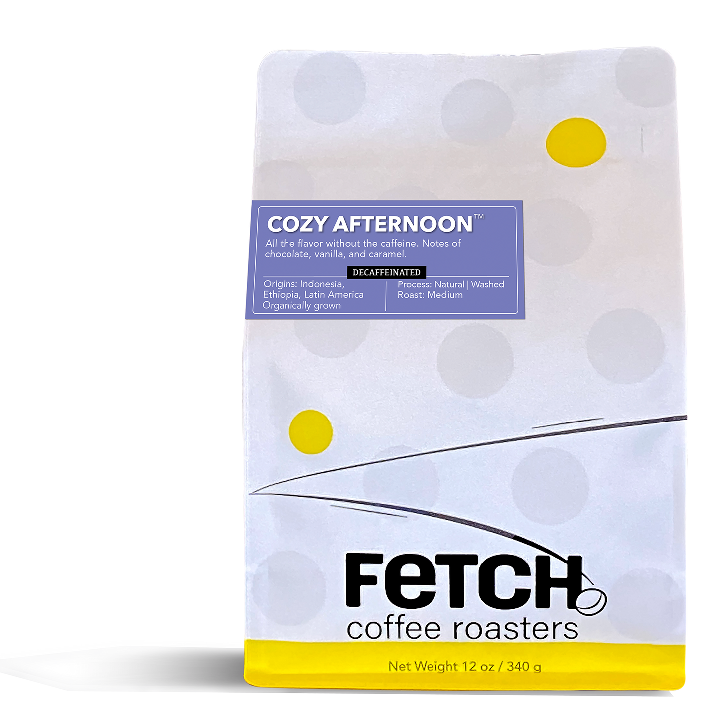Cozy Afternoon decaf has a purple label offset to the left and toward the top of the white recloseable top of the coffee bag. The bottom of the bag has a yellow band, and the logo shows a bean sitting at the base of the 'h' in Fetch.