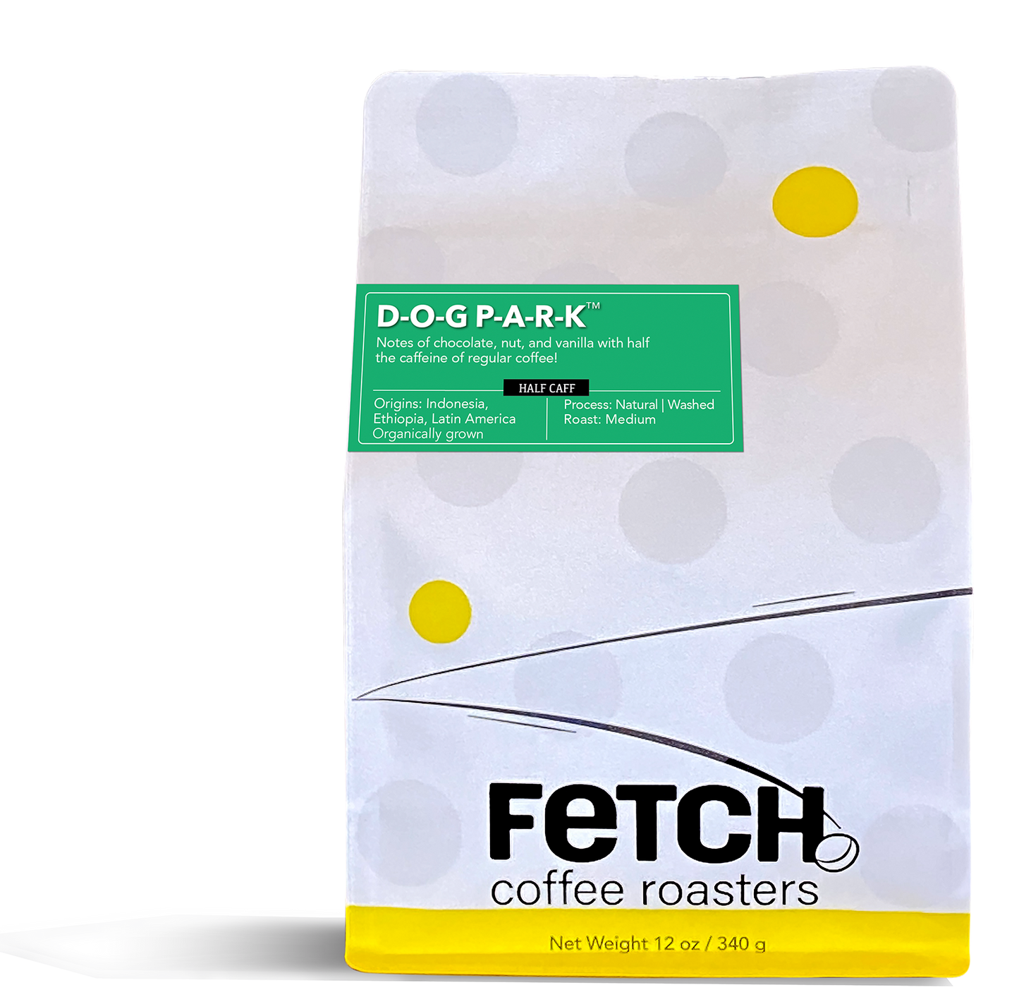 D-O-G P-A-R-K Half-caff has a green label offset to the left and toward the top of the white reclosable coffee bag. The bottom of the bag has a yellow band, and the logo shows a bean sitting at the base of the 'h' in Fetch.