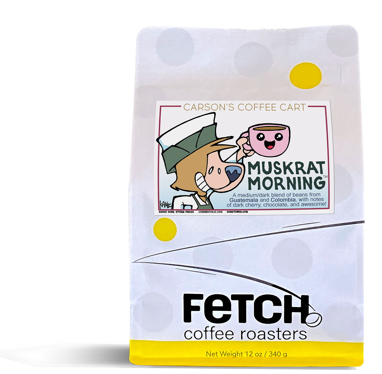 Muskrat Morning has a drawing of Carson the Muskrat from Dork Tower, drawn by John Kovalic. The top of the white Kraft paper coffee bag is reclosable. The bottom of the bag has a yellow band, and the logo shows a bean sitting at the base of the 'h' in Fetch.