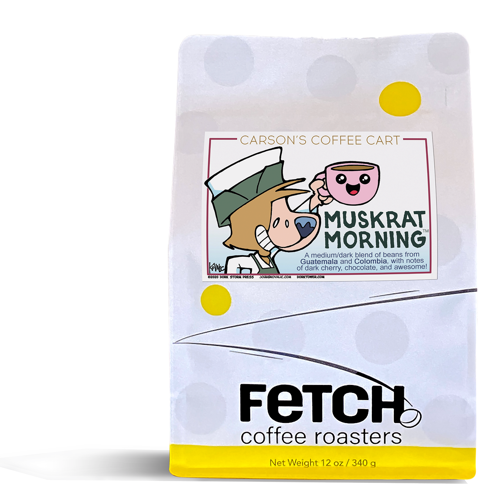 Muskrat Morning has a drawing of Carson the Muskrat from Dork Tower, drawn by John Kovalic. The top of the white Kraft paper coffee bag is reclosable. The bottom of the bag has a yellow band, and the logo shows a bean sitting at the base of the 'h' in Fetch.