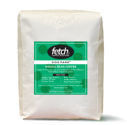 White 5 pound coffee bag with a rich green label. The lFetch logo is at the top with a bean to the right the 'h' on Fetch