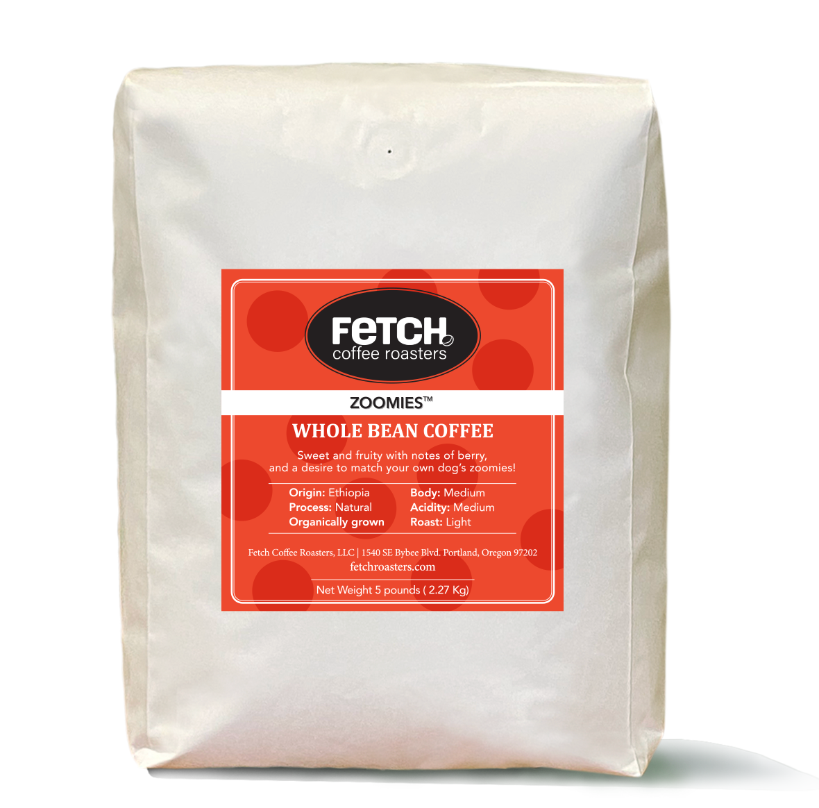 White 5 pound coffee bag with a red-orange label. The Fetch logo is at the top with a bean to the right the 'h' of the word Fetch