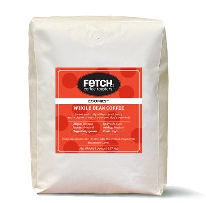 White 5 pound coffee bag with a red-orange label. The Fetch logo is at the top with a bean to the right the 'h' of the word Fetch