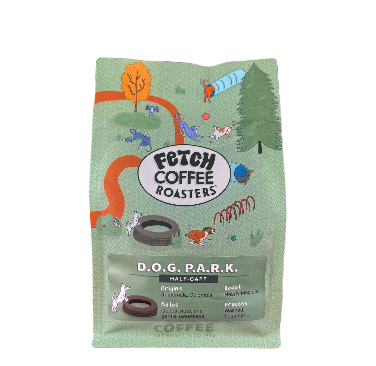 Half caffeine coffee. Blend of decaffeinated Colombia and full caffeinated Guatemala. In a green bag with a dog park scene, a green label with a dog racing toward a ball. $1 from each bag sold helps dogs in need.