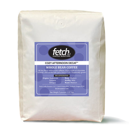 White 5 pound coffee bag with a purple label. The Fetch logo is at the top with a bean to the right the 'h' on Fetch