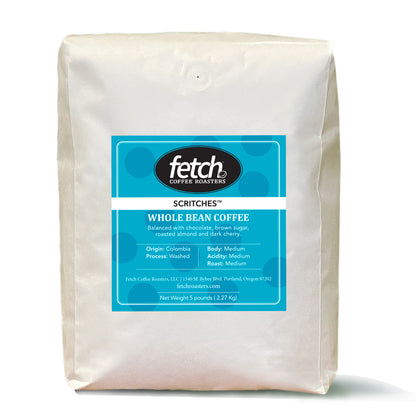 White 5 pound coffee bag with a turquoise label. The Fetch logo is at the top with a bean to the right the 'h' of the word Fetch