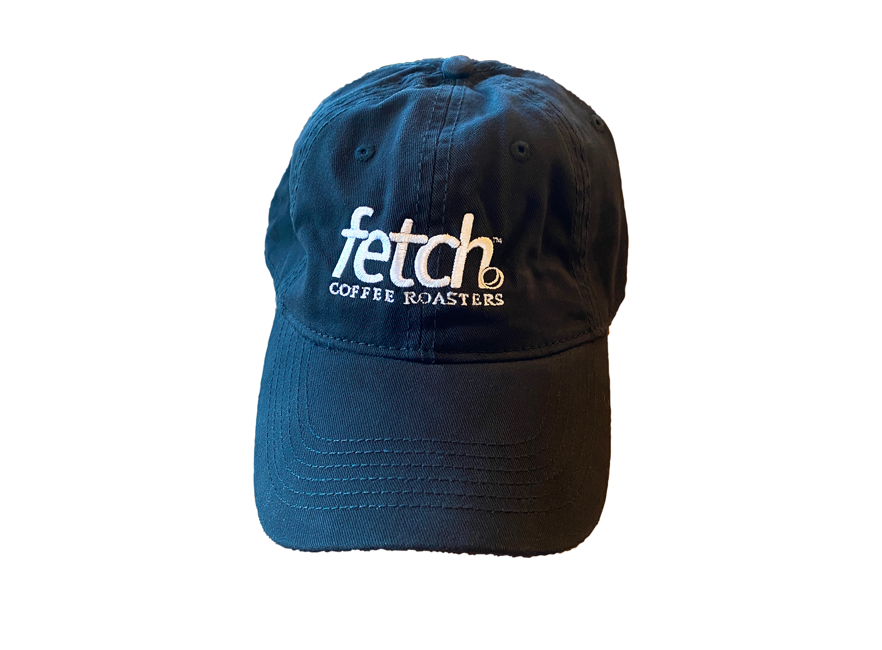 This black canvas hat is unsructured with the fetch logo embroidered on the front with white thread. The back has a metal clasp to adjust to most head sizes. 